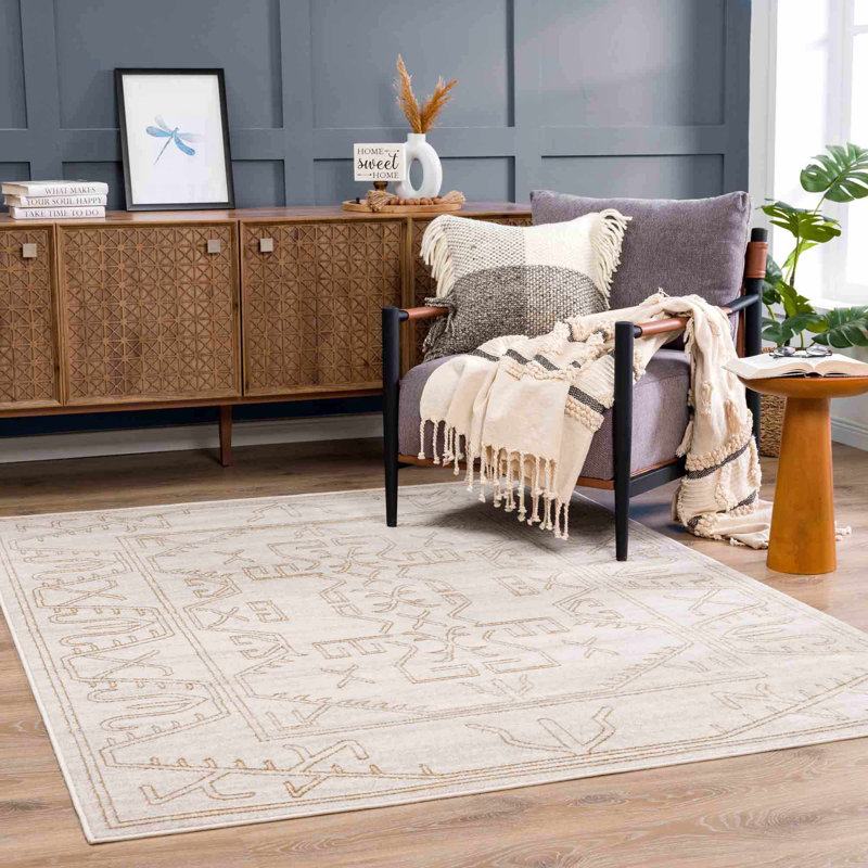 Divyar Southwestern Cream/Gold Area Rug, Rectangle 5'3" x 7'