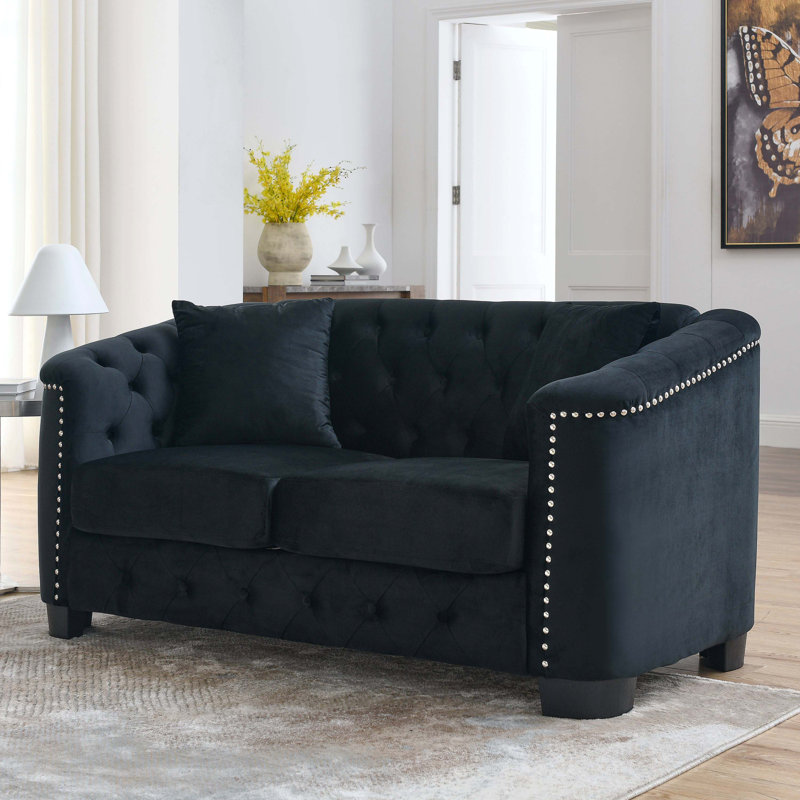 Canapé 2 places en velours Chesterfield Modern, L 59 po, Velours noir, Noir