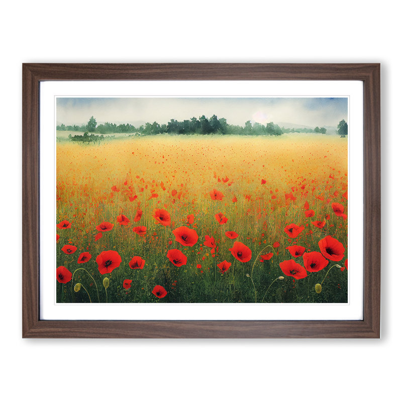 Poppy Field Watercolour Vol.2 - Single Picture Frame Print, Walnut, 46cm H x 64cm W x 2cm D