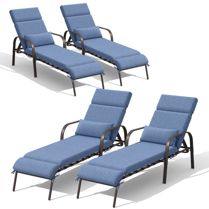 Outdoor Powder Coated Steel Chaise Lounge  With Cushions, Dark Blue