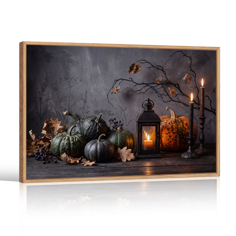 Citrouilles vertes et oranges avec lanterne allumée sur toile murale d'Halloween, 36"H x 48"W