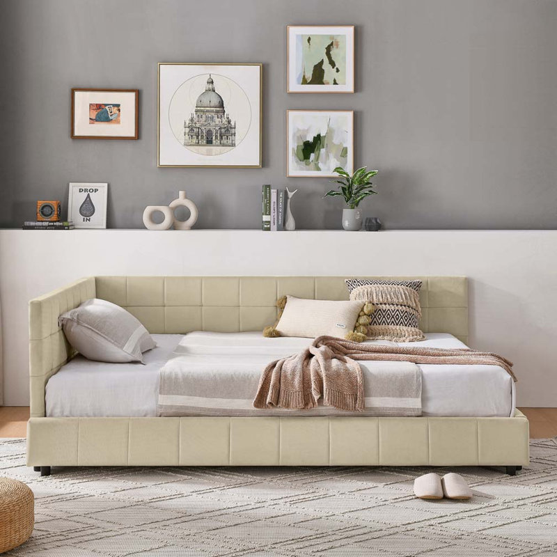 Velvet Daybed,Upholstered Tufted Bed Frame, Sofa Bed Frame with Comfortable Backrest and Armrests, Beige, Full