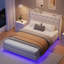 Grand cadre de lit grand avec lumières DEL, cadre de lit flottant moderne avec rangement, tête de lit tapissier en velours avec oreilles pour appartement, blanc-358401702-358401703