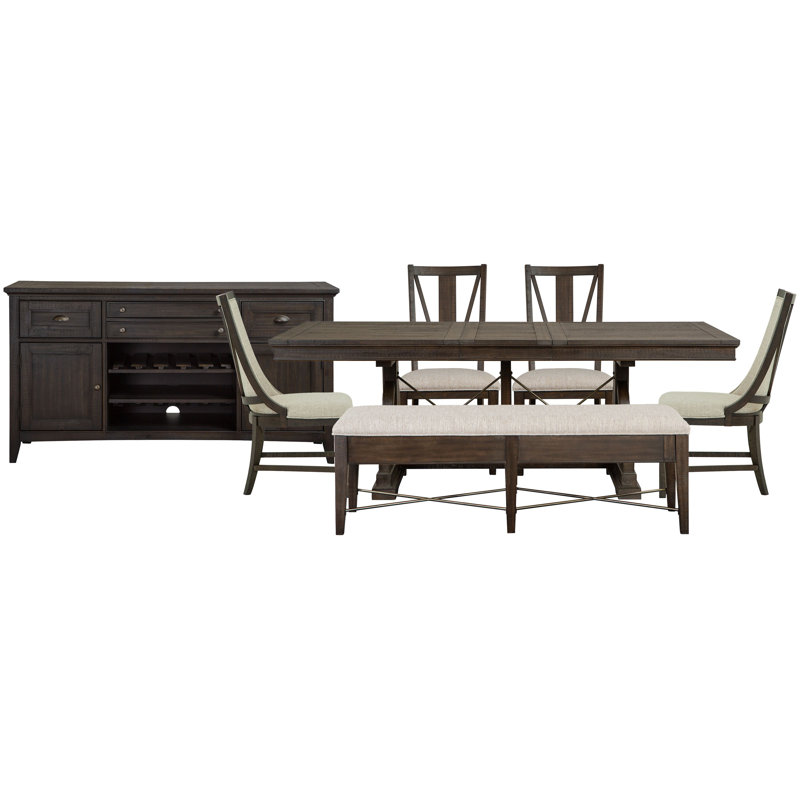Extendable Trestle Dining Table With 2 Side Chairs 2 Host Chairs Upholstered Bench And Buffet