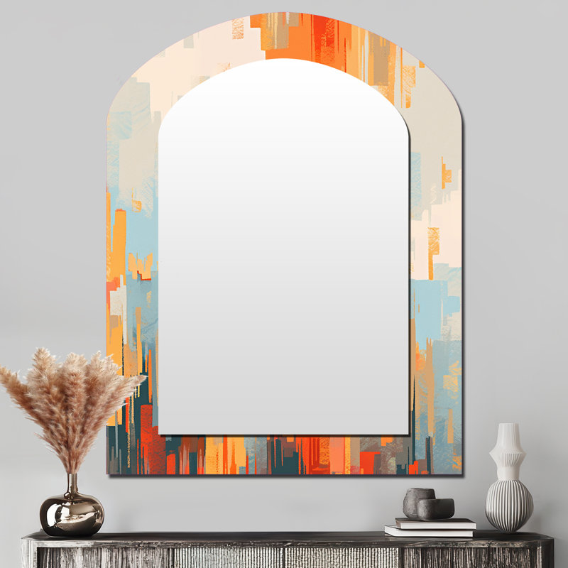 Orange orange beige brisé réalités - miroir décoratif cubique asymétrique, grand miroir mural arqué moderne, art imprimé en métal