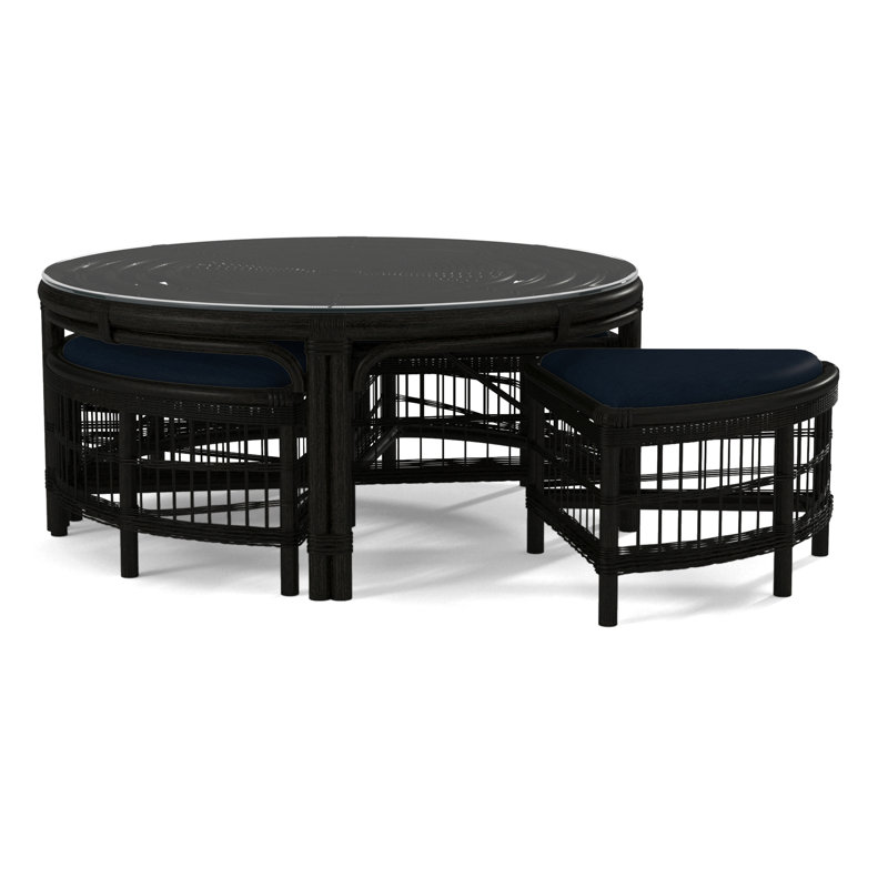 Raffles Rattan Cocktail Table with Benches, Antique Black, Snow Crypton Performance; 0884-91