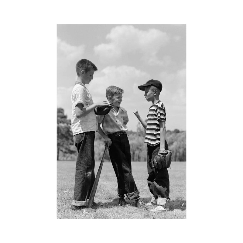 1950s Boys Baseball Threesome One Holding Bat Others Wearing Mitts Having Discussion by Vintage Images - Wrapped Canvas Print