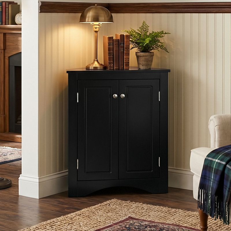 Modern Waterproof Corner Storage Cabinet, Sturdy MDF Triangle Floor Cabinet With Doors For Bathroom & Kitchen, Black