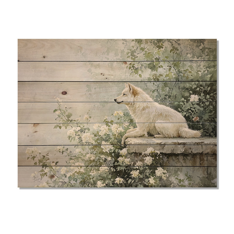 Loup perché en été - Art mural moderne sur bois de pin naturel, H 34 po x l 44 po