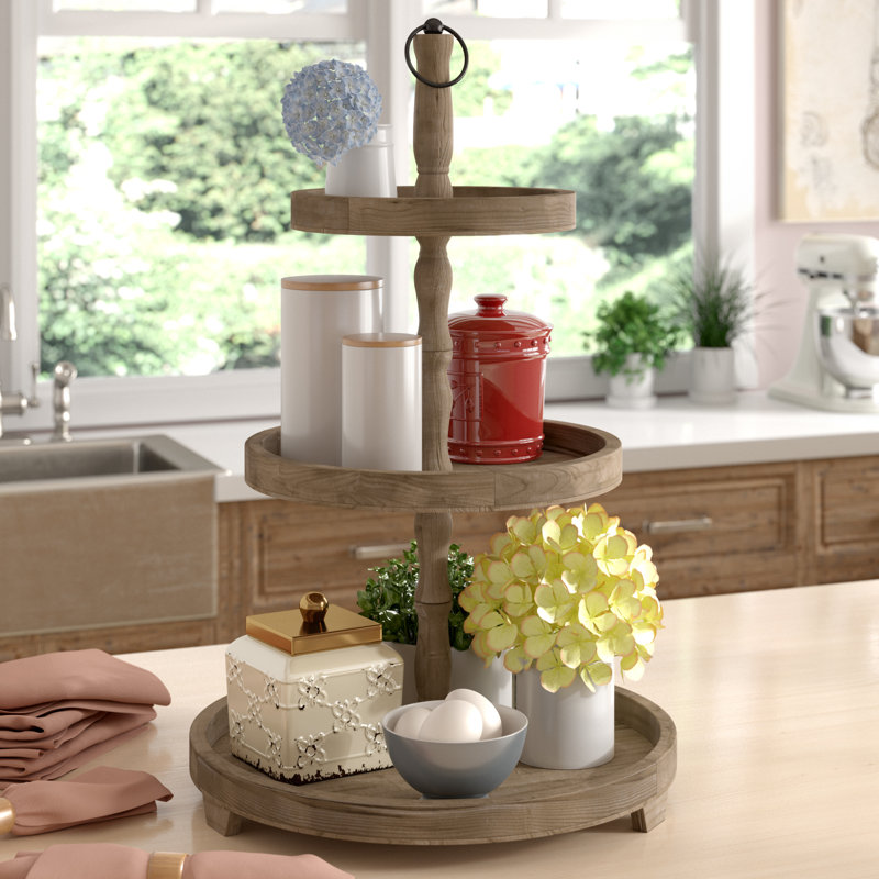 Plateau de service rond brun à trois niveaux D19x30