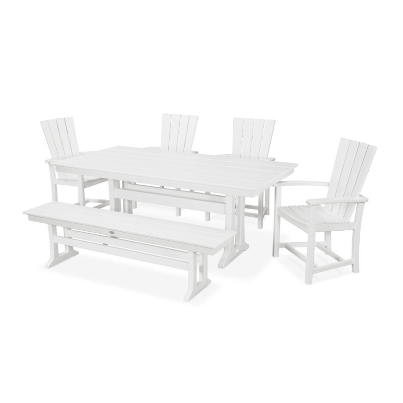 Ensemble de salle à manger de ferme 6 pièces Quattro avec pieds en tréteaux et banc, Blanc