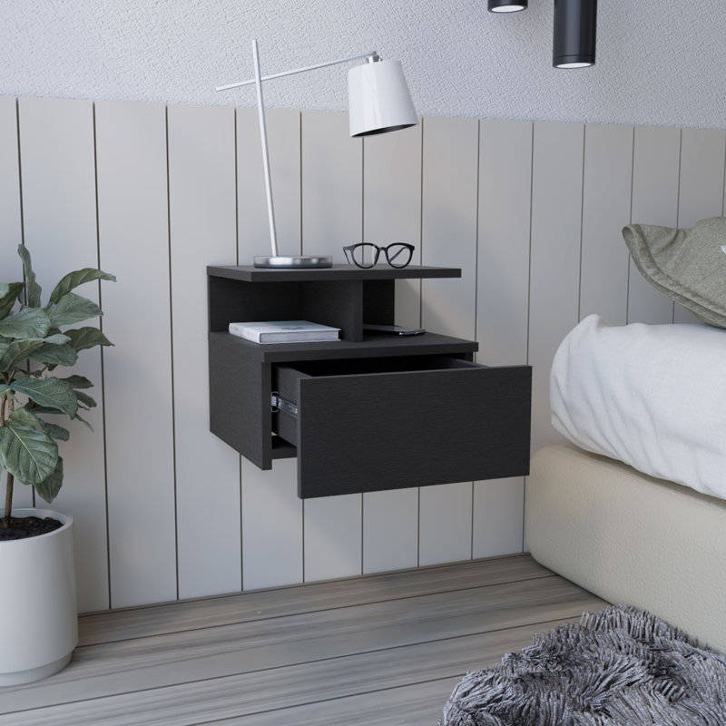 Table de chevet flottante moderne avec tiroir de table d'appoint et tablettes ouvertes, Noir