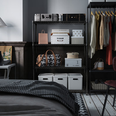 Étagère de rangement en métal à 4 niveaux 1400 lb pour garage dortoir College College, noir, 15,8 po x 45,8 po x 59,4 po, unité de cuisine en acier au carbone, capacité, l 15,8 po