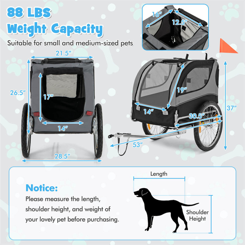Chariot pliant pour chien avec 3 entrées pour voyage gris