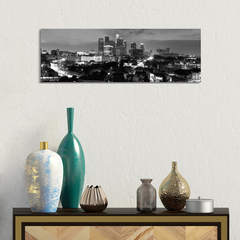 Los Angeles Skyline Cityscape 1 Piece Wrapped Canvas Panoramic Wall Art, 30.48 cm H x 91.44 cm W x 3.175 cm D
