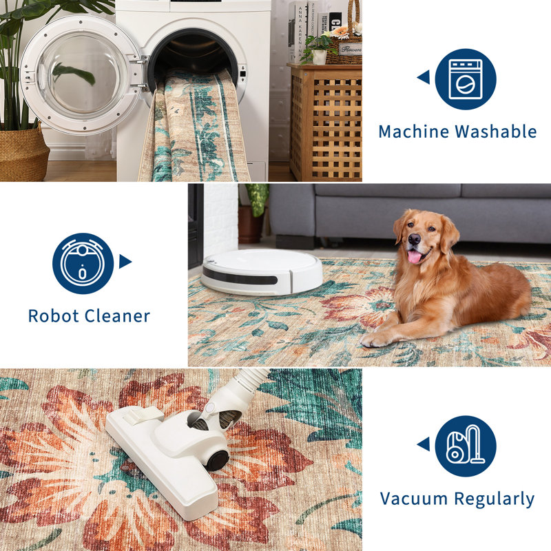 Area Rugs Washable Floral Print Rug for Living Room or Bedroom - Collapsible, Non-Slip, Easy to Clean, Pet Friendly Carpet - Modern Home Decor