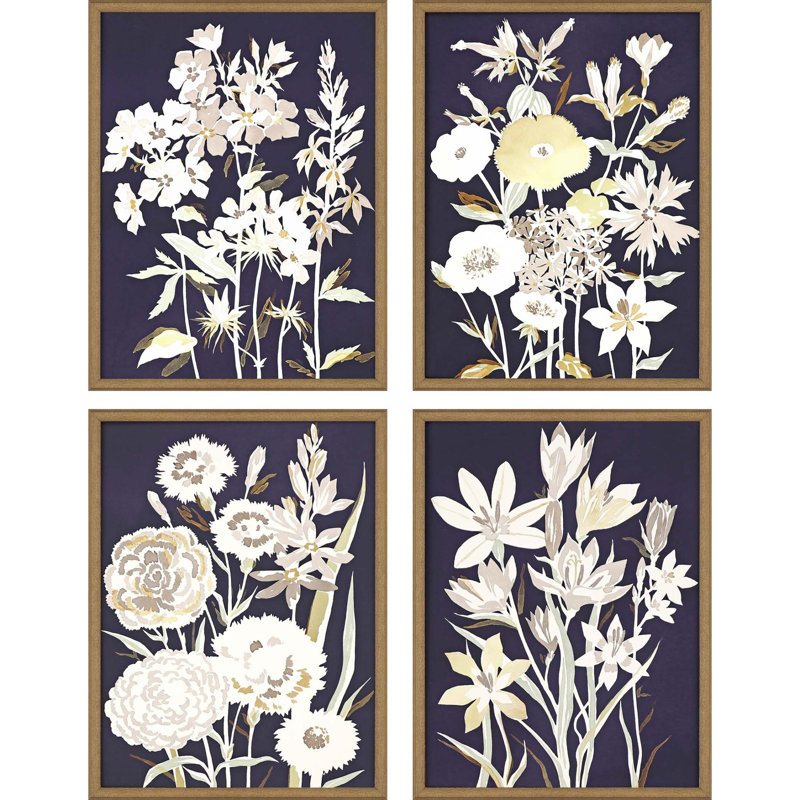 HomeRoots "Ensemble de quatre fleurs de minuit, art mural encadré doré", 4 pièces