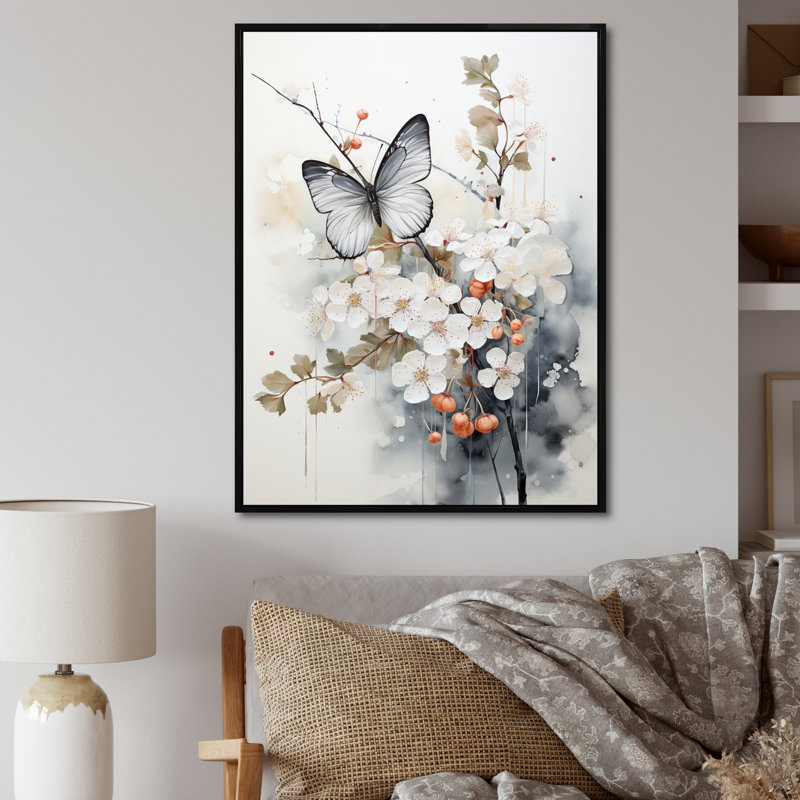 Keishasha, art asiatique, papillon blanc et gris sur toile, Cadre flottant noir, H 20 po x l 12 po x P 1 po