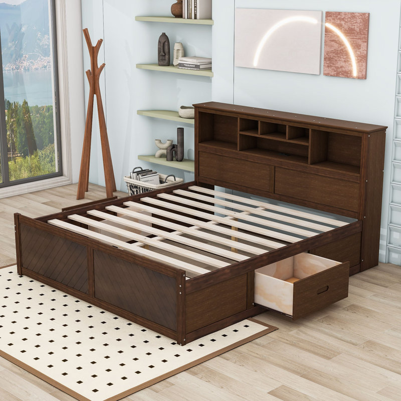 King Two Drawers Wood Platform Bed with Headboard and USB, Antique Wood