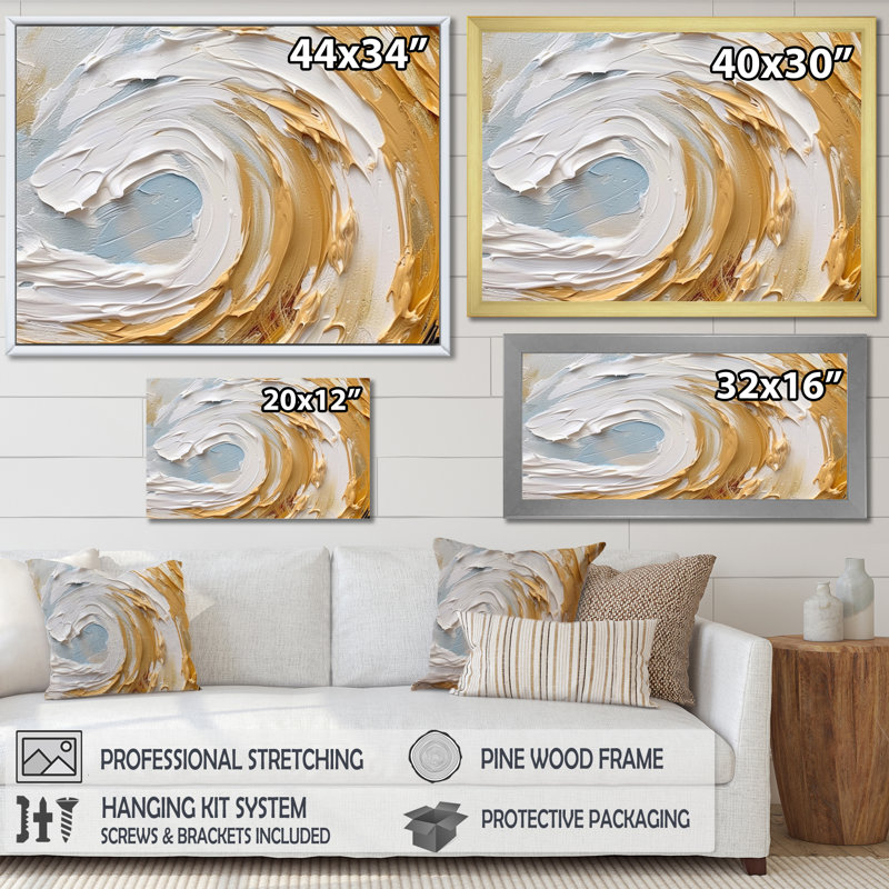 Nébuleuse spirale dorée et blanche II sur toile, H 12 po x l 20 po x P 1 po, Cadre flottant noir