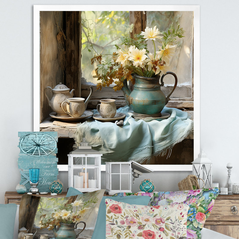 Charme de fenêtre floral jaune et vert antique - art mural fenêtres de ferme, Cadre simple blanc, H 16 po x l 16 po x P 1 po