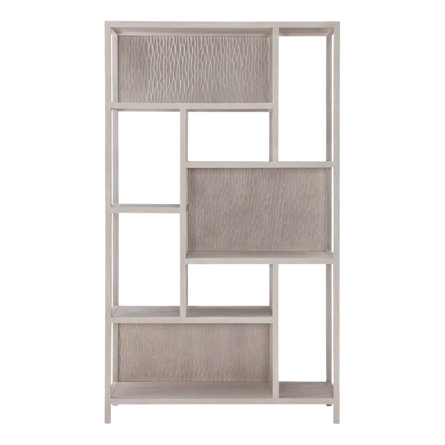 Freestanding room divider with wood grain shelves.