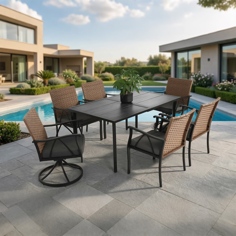 7-Piece Wicker Patio Dining Set with Cushions, Dining Table with Umbrella Hole