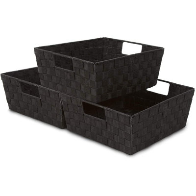 Woven Basket Bin Set - Shelf Storage Tote Baskets For Household Items - Stackable With Woven Straps & Built-in Carry Handles