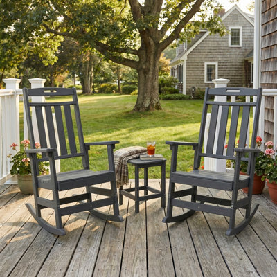 3-Piece Outdoor Rocking Chair Set, 2 HDPE Porch Rockers With Side Table, All-Weather Patio Conversation Set