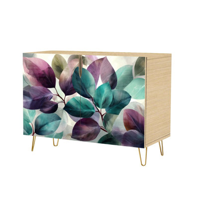 Sideboard Buffet Cabinet with Storage Pastel Watercolor Leaves Soft Purple Green Tones with 2 Doors for Living Room and Kitchen