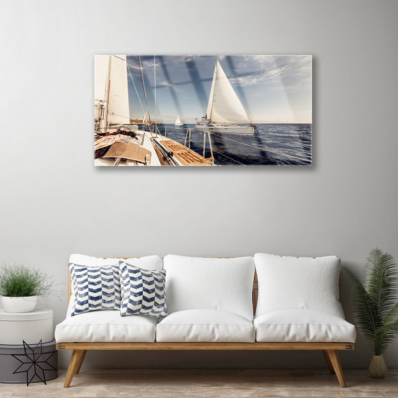 Landscape Boats Sea - Unframed Photograph on Glass
