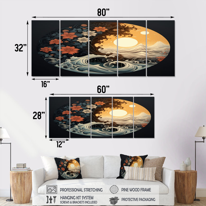 Ensemble de 5 pièces Ying Yang Balance Ocean Flowers Mountains - Abstract Landscape Wall Decor, H 32 po x l 80 po