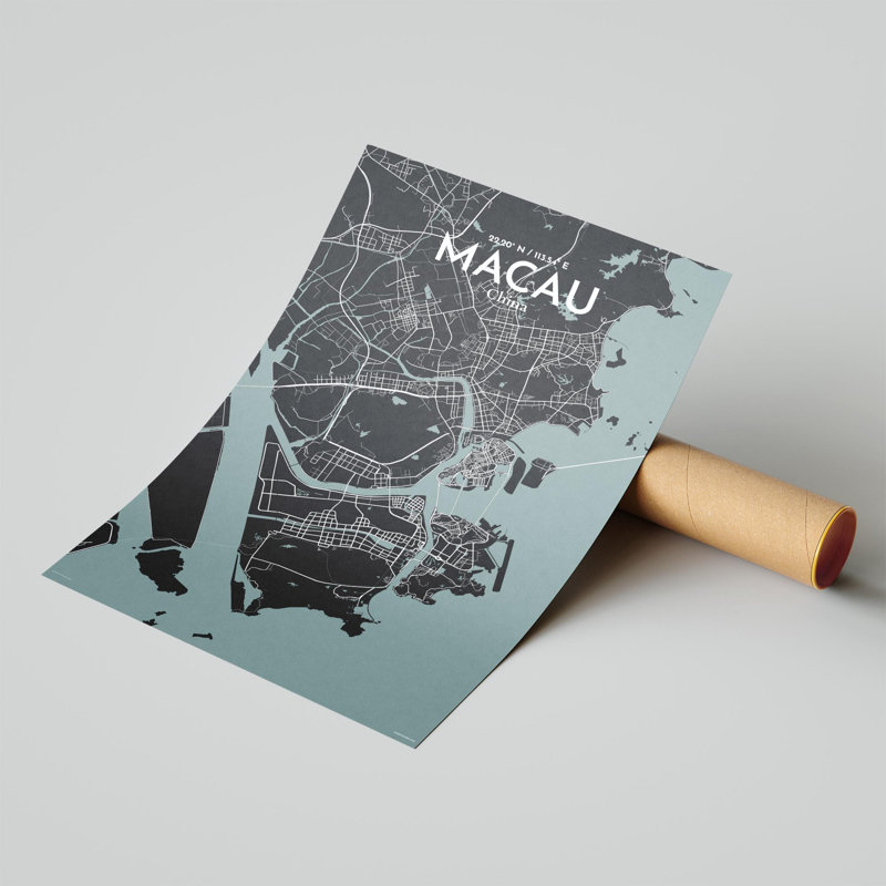 Macau, carte de la ville, impression, H 17 po x l 11 po, Gris/noir