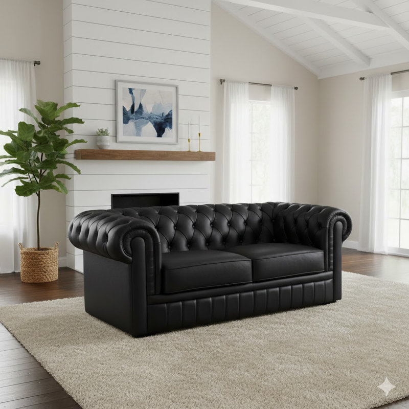 Causeuse Chesterfield en cuir de vache 72,5 po Bailasan, Cuir véritable noir