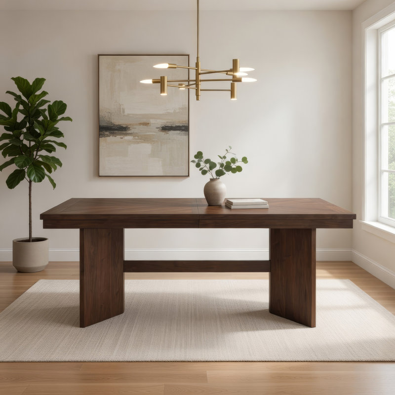 Table de salle à manger Bloi, plateau extensible de 76 à 94 pouces, base en tréteaux brun noyer