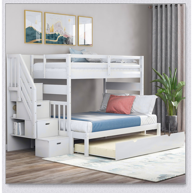 Twin Over Full Bunk Bed With Twin Size Trundle, White