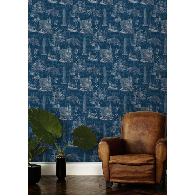 The Signature Pagoda Toile 10' L x 24" W Wallpaper Roll, Midnight, PVC, Self-adhesive