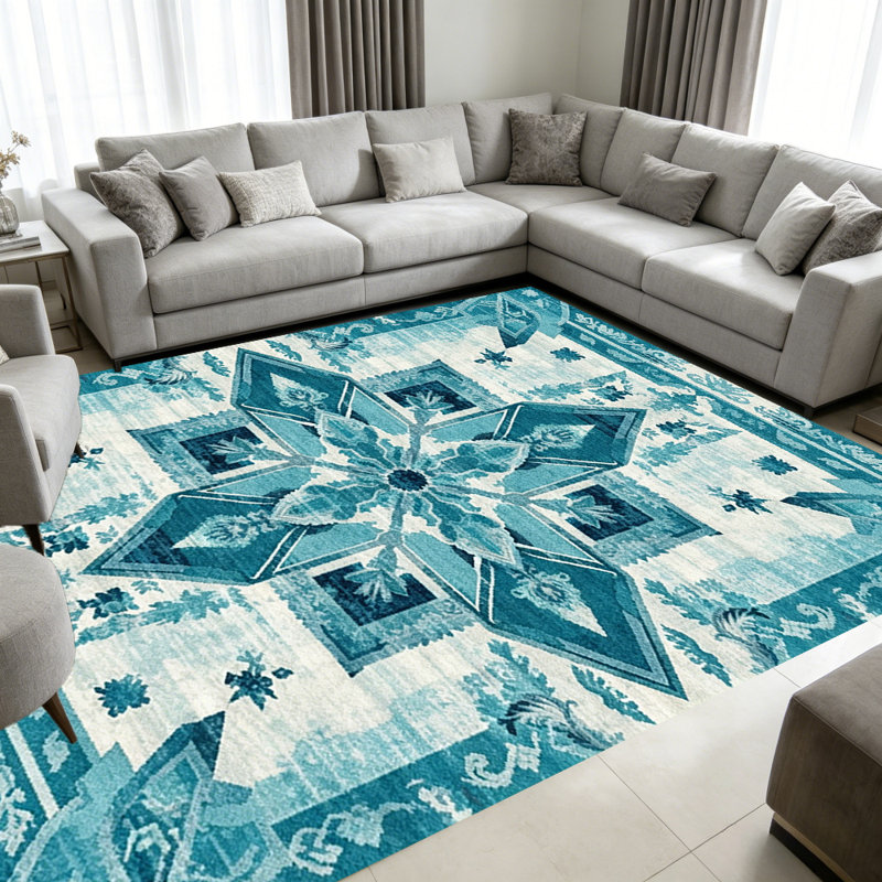 Teal White Bohemian carpet-easy to clean, machine-washable, soft and comfortable; suitable for door mats, kitchens, living rooms, bedrooms, corridors, and laundry areas. Easy to clean, durable carpet for home decoration.