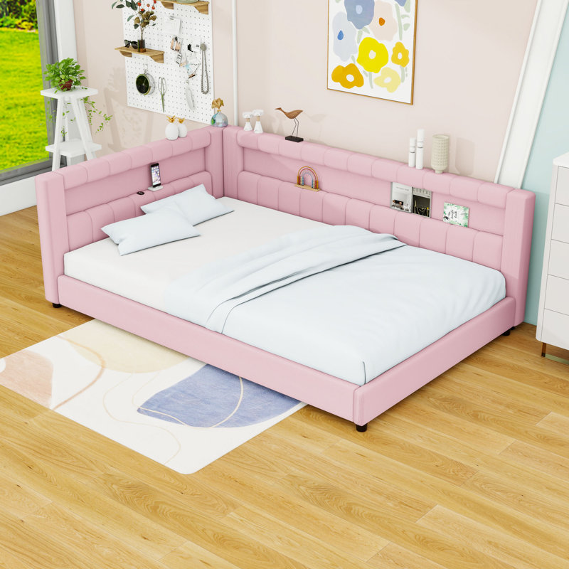 Upholstered Daybed with USB Ports and LED, Pink, Full XL