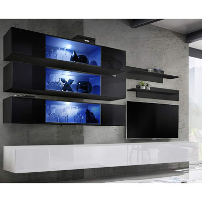 Nason 126" Modern Floating Wall Mounted Entertainment Center with 16-Color LED Lighting, High Gloss Finish