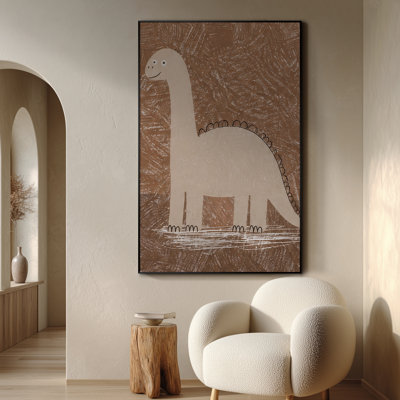 Très grande reproduction d'art sur tissu - Dinosaure mignon dans des tons neutres de terre pour le salon ou la chambre à coucher - «Assemblage requis du cadre (cadre non fini)»