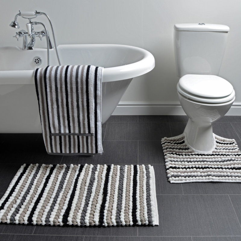 Two Piece Striped Bobble Bath Mat and Pedestal Mat Set, Black/Brown/Grey