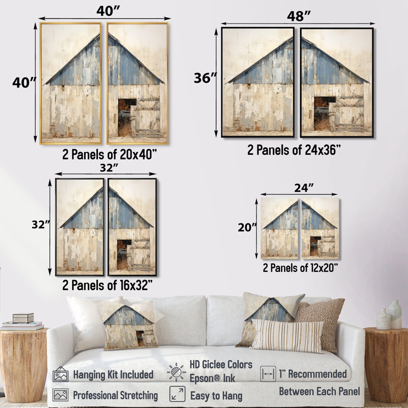 Beige et bleu grange - décoration murale bleue 2 panneaux, 36" H x 48" W, Impression encadrée flottante, Black