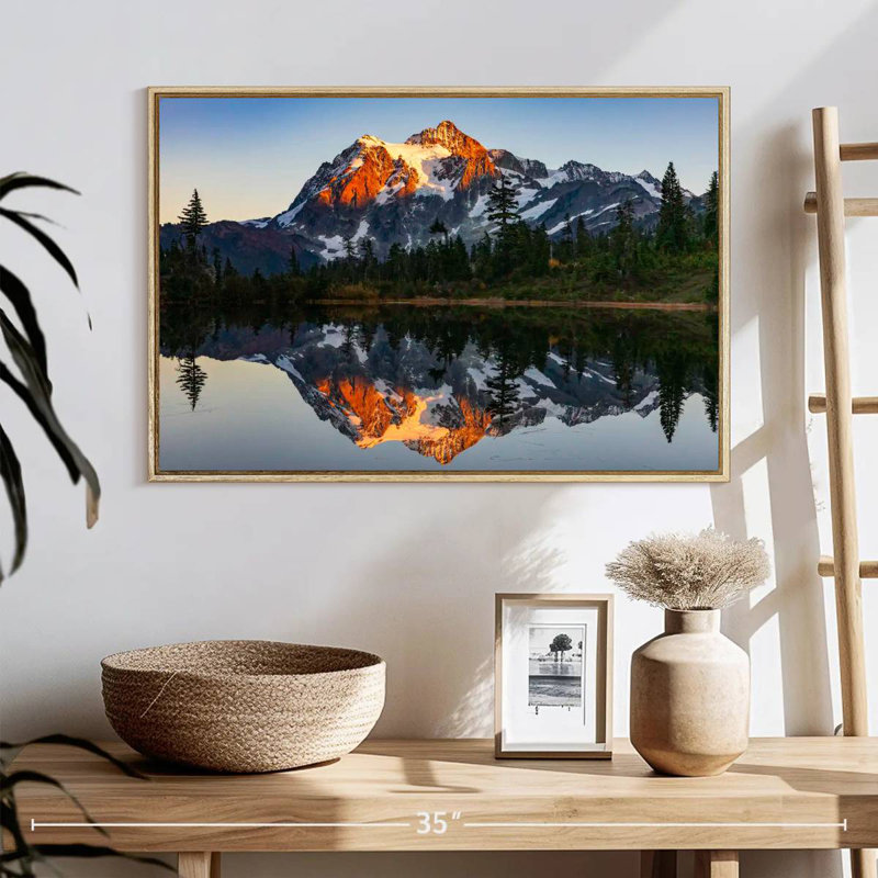 Coucher de soleil sur le lac Mount Baker, 25 po x 17 po, Cadre flottant en bois naturel