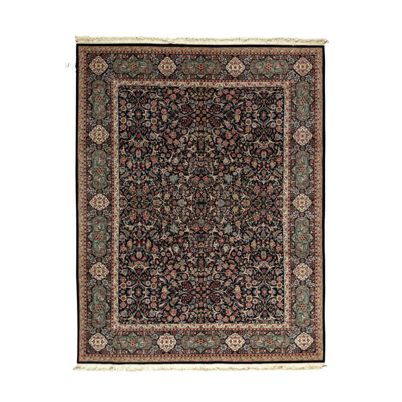 Tapis bleu marine et vert noué à la main de haute qualité