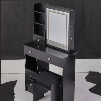 Petit meuble-lavabo de 29,2 po avec tabouret de bureau et tabouret rembourré à gauche 29,2 po, grande commande tactile, interrupteur tricolore, miroir à luminosité réglable, rangement à grande capacité, convient aux petits espaces