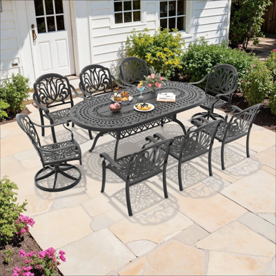 Ensemble de salle à manger ovale pour patio 8 personnes, 81,89 po L, avec trou pour parasol, 2 chaises pivotantes + 6 chaises empilables avec coussins bruns