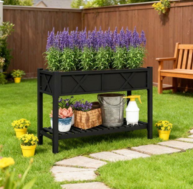 Elevated Wood Planter Box,Raised Garden Bed,With Storage Shelf,Drainage Holes,And Liner, Black