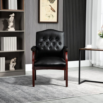 Leather Meeting Guest Chairs With Padded Seat, Arms, And Mid-Back Ergonomic Support, Black For Guests, Seat Meeting, Waiting, Conference, Upholstered