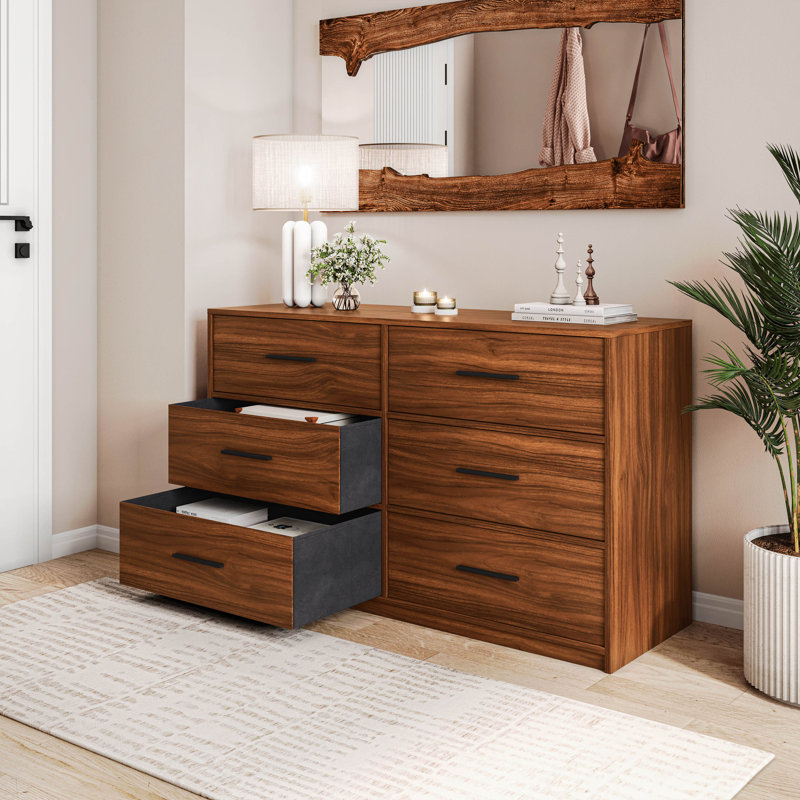Spacious Wood Frame Dresser with 6 Fabric Drawers
